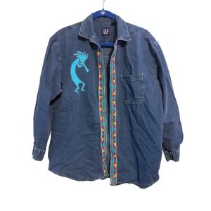 Vintage Gap Denim Kokopelli Embroidered Southwestern Button Down Shirt Blue L